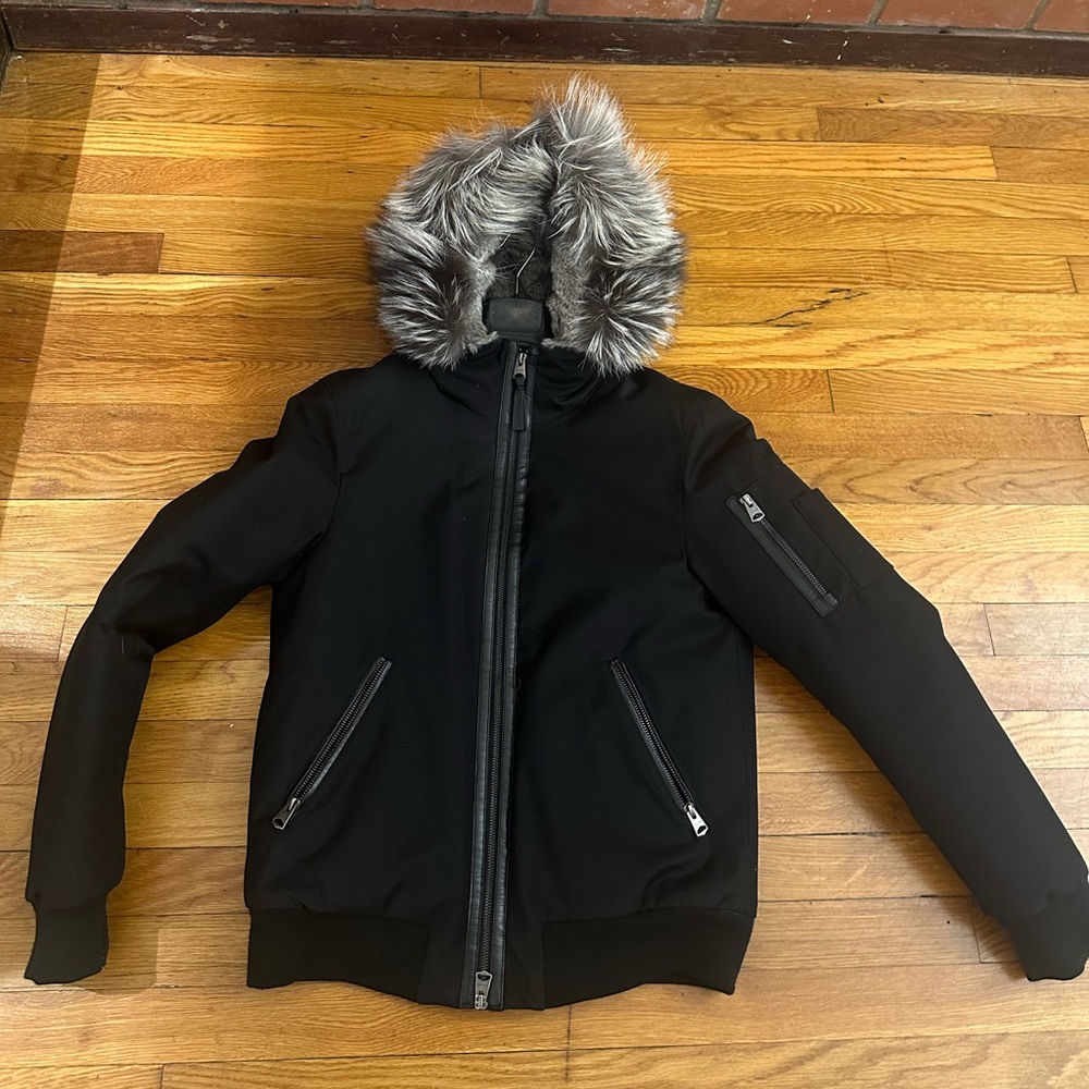 Mens Mackage rabbit fur lined bomber jacket with silver fox hair hood